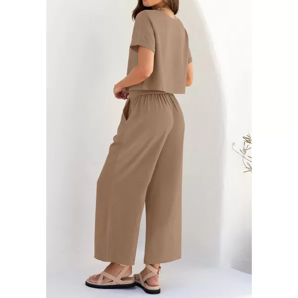 imageZESICA Womens 2 Piece Outfits Linen Short Sleeve Crop Top and Wide Leg Pants Lounge Matching Set Tracksuits Trendy ClothesKhaki
