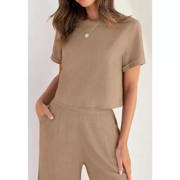 imageZESICA Womens 2 Piece Outfits Linen Short Sleeve Crop Top and Wide Leg Pants Lounge Matching Set Tracksuits Trendy ClothesKhaki
