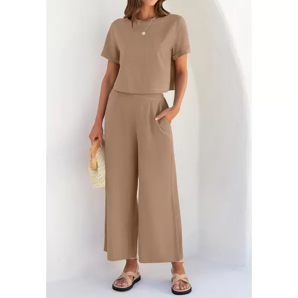 imageZESICA Womens 2 Piece Outfits Linen Short Sleeve Crop Top and Wide Leg Pants Lounge Matching Set Tracksuits Trendy ClothesKhaki