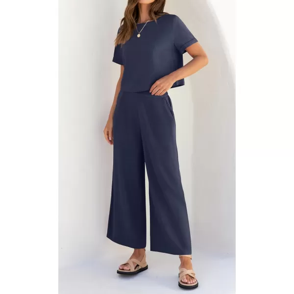 imageZESICA Womens 2 Piece Outfits Linen Short Sleeve Crop Top and Wide Leg Pants Lounge Matching Set Tracksuits Trendy ClothesNavy