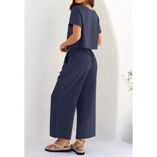 imageZESICA Womens 2 Piece Outfits Linen Short Sleeve Crop Top and Wide Leg Pants Lounge Matching Set Tracksuits Trendy ClothesNavy