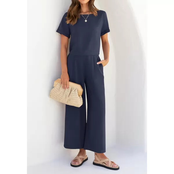 imageZESICA Womens 2 Piece Outfits Linen Short Sleeve Crop Top and Wide Leg Pants Lounge Matching Set Tracksuits Trendy ClothesNavy