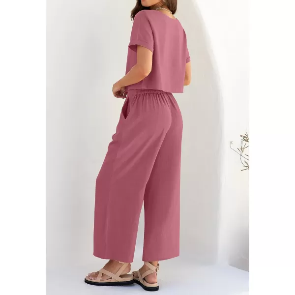 imageZESICA Womens 2 Piece Outfits Linen Short Sleeve Crop Top and Wide Leg Pants Lounge Matching Set Tracksuits Trendy ClothesPlum