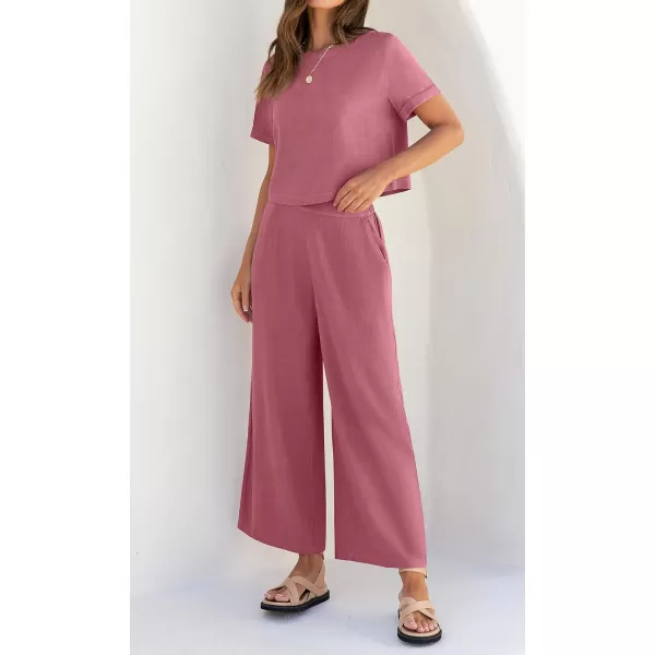 imageZESICA Womens 2 Piece Outfits Linen Short Sleeve Crop Top and Wide Leg Pants Lounge Matching Set Tracksuits Trendy ClothesPlum
