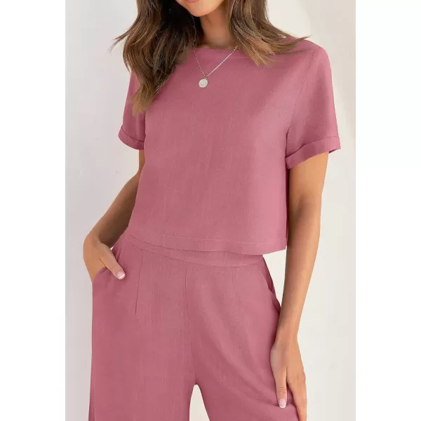 imageZESICA Womens 2 Piece Outfits Linen Short Sleeve Crop Top and Wide Leg Pants Lounge Matching Set Tracksuits Trendy ClothesPlum