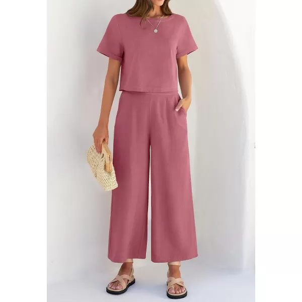 imageZESICA Womens 2 Piece Outfits Linen Short Sleeve Crop Top and Wide Leg Pants Lounge Matching Set Tracksuits Trendy ClothesPlum