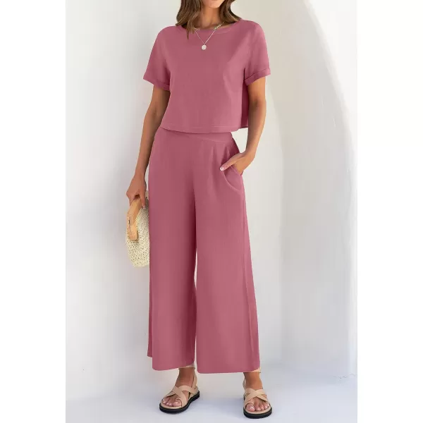 imageZESICA Womens 2 Piece Outfits Linen Short Sleeve Crop Top and Wide Leg Pants Lounge Matching Set Tracksuits Trendy ClothesPlum