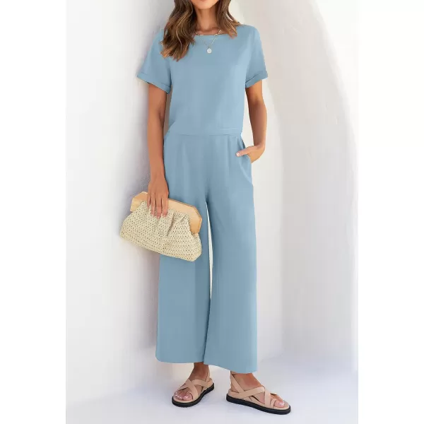 imageZESICA Womens 2 Piece Outfits Linen Short Sleeve Crop Top and Wide Leg Pants Lounge Matching Set Tracksuits Trendy ClothesSkyblue