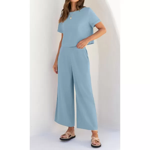 imageZESICA Womens 2 Piece Outfits Linen Short Sleeve Crop Top and Wide Leg Pants Lounge Matching Set Tracksuits Trendy ClothesSkyblue