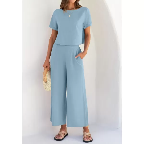 imageZESICA Womens 2 Piece Outfits Linen Short Sleeve Crop Top and Wide Leg Pants Lounge Matching Set Tracksuits Trendy ClothesSkyblue