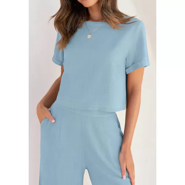 imageZESICA Womens 2 Piece Outfits Linen Short Sleeve Crop Top and Wide Leg Pants Lounge Matching Set Tracksuits Trendy ClothesSkyblue