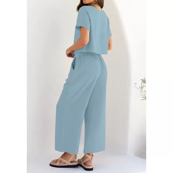 imageZESICA Womens 2 Piece Outfits Linen Short Sleeve Crop Top and Wide Leg Pants Lounge Matching Set Tracksuits Trendy ClothesSkyblue