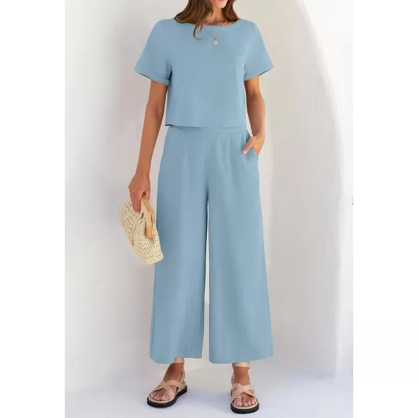 imageZESICA Womens 2 Piece Outfits Linen Short Sleeve Crop Top and Wide Leg Pants Lounge Matching Set Tracksuits Trendy ClothesSkyblue