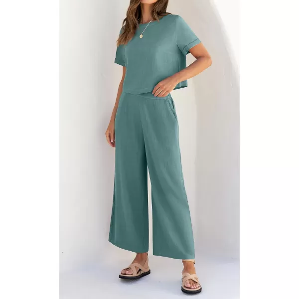 imageZESICA Womens 2 Piece Outfits Linen Short Sleeve Crop Top and Wide Leg Pants Lounge Matching Set Tracksuits Trendy ClothesTeal
