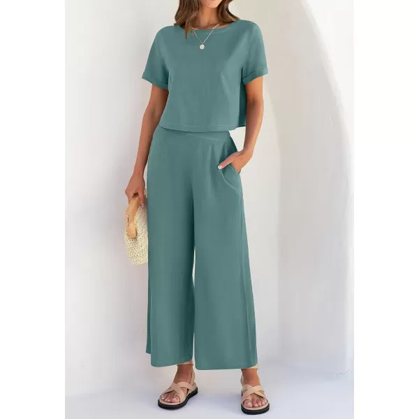 imageZESICA Womens 2 Piece Outfits Linen Short Sleeve Crop Top and Wide Leg Pants Lounge Matching Set Tracksuits Trendy ClothesTeal