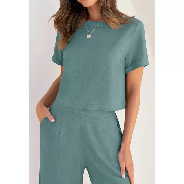 imageZESICA Womens 2 Piece Outfits Linen Short Sleeve Crop Top and Wide Leg Pants Lounge Matching Set Tracksuits Trendy ClothesTeal