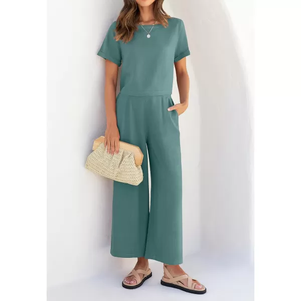 imageZESICA Womens 2 Piece Outfits Linen Short Sleeve Crop Top and Wide Leg Pants Lounge Matching Set Tracksuits Trendy ClothesTeal