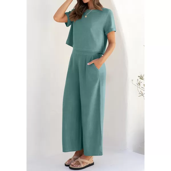 imageZESICA Womens 2 Piece Outfits Linen Short Sleeve Crop Top and Wide Leg Pants Lounge Matching Set Tracksuits Trendy ClothesTeal