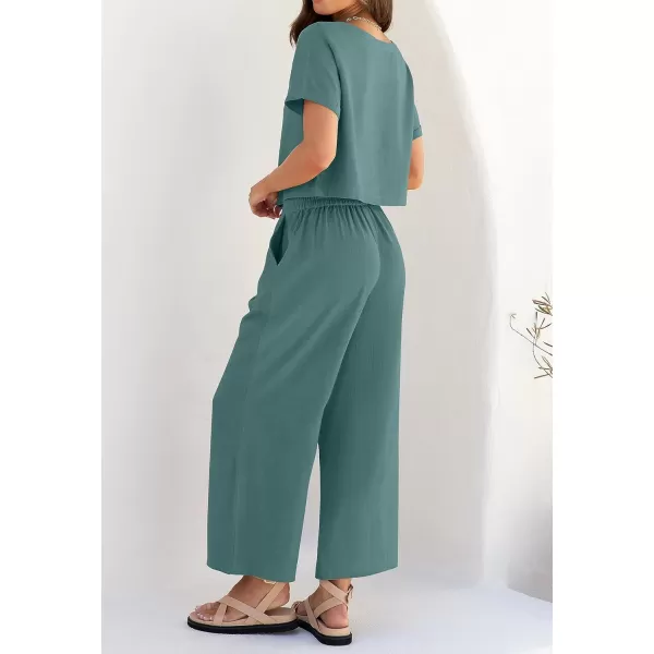 imageZESICA Womens 2 Piece Outfits Linen Short Sleeve Crop Top and Wide Leg Pants Lounge Matching Set Tracksuits Trendy ClothesTeal