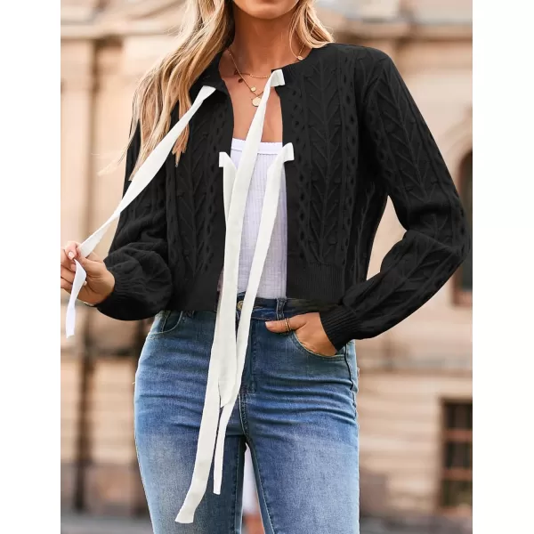 imageZESICA Womens Cardigan Sweaters 2024 Fall Winter Long Sleeve Tie Front Cable Knit Chunky Cropped Outerwear CoatBlack