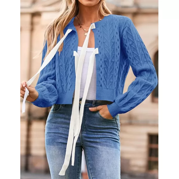 imageZESICA Womens Cardigan Sweaters 2024 Fall Winter Long Sleeve Tie Front Cable Knit Chunky Cropped Outerwear CoatBlue