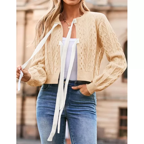 imageZESICA Womens Cardigan Sweaters 2024 Fall Winter Long Sleeve Tie Front Cable Knit Chunky Cropped Outerwear CoatCream