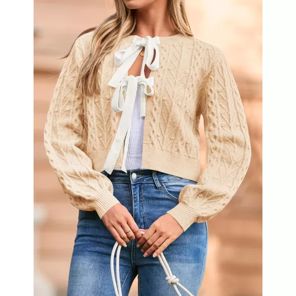 imageZESICA Womens Cardigan Sweaters 2024 Fall Winter Long Sleeve Tie Front Cable Knit Chunky Cropped Outerwear CoatCream