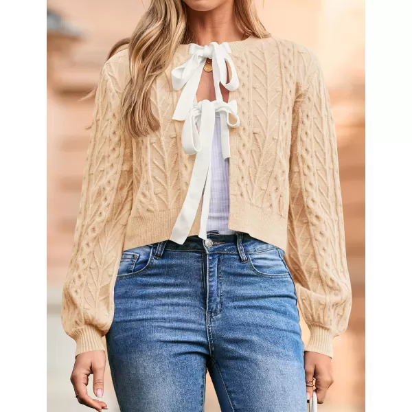 imageZESICA Womens Cardigan Sweaters 2024 Fall Winter Long Sleeve Tie Front Cable Knit Chunky Cropped Outerwear CoatCream