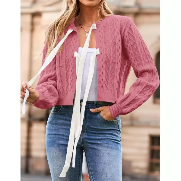 imageZESICA Womens Cardigan Sweaters 2024 Fall Winter Long Sleeve Tie Front Cable Knit Chunky Cropped Outerwear CoatHot Pink
