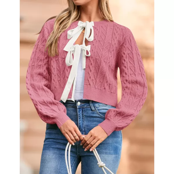 imageZESICA Womens Cardigan Sweaters 2024 Fall Winter Long Sleeve Tie Front Cable Knit Chunky Cropped Outerwear CoatHot Pink
