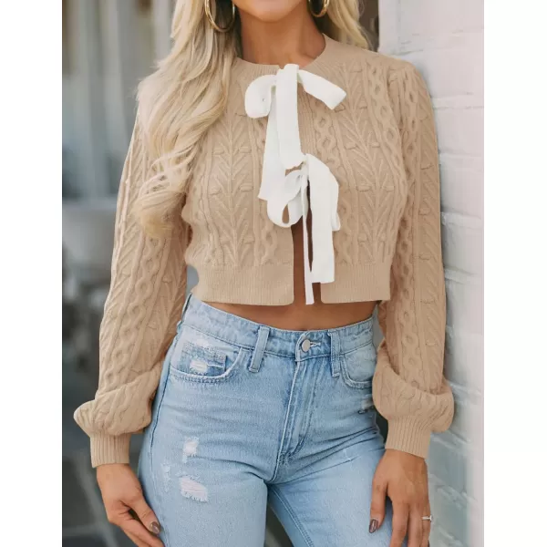 imageZESICA Womens Cardigan Sweaters 2024 Fall Winter Long Sleeve Tie Front Cable Knit Chunky Cropped Outerwear CoatKhaki