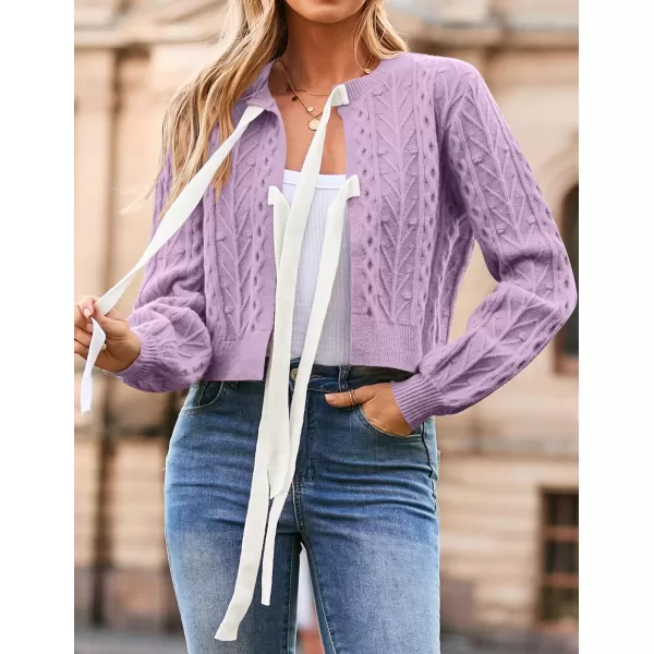 imageZESICA Womens Cardigan Sweaters 2024 Fall Winter Long Sleeve Tie Front Cable Knit Chunky Cropped Outerwear CoatPurple