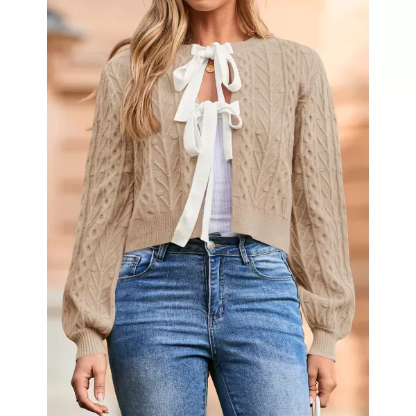imageZESICA Womens Cardigan Sweaters 2024 Fall Winter Long Sleeve Tie Front Cable Knit Chunky Cropped Outerwear CoatToffee