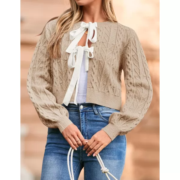 imageZESICA Womens Cardigan Sweaters 2024 Fall Winter Long Sleeve Tie Front Cable Knit Chunky Cropped Outerwear CoatToffee