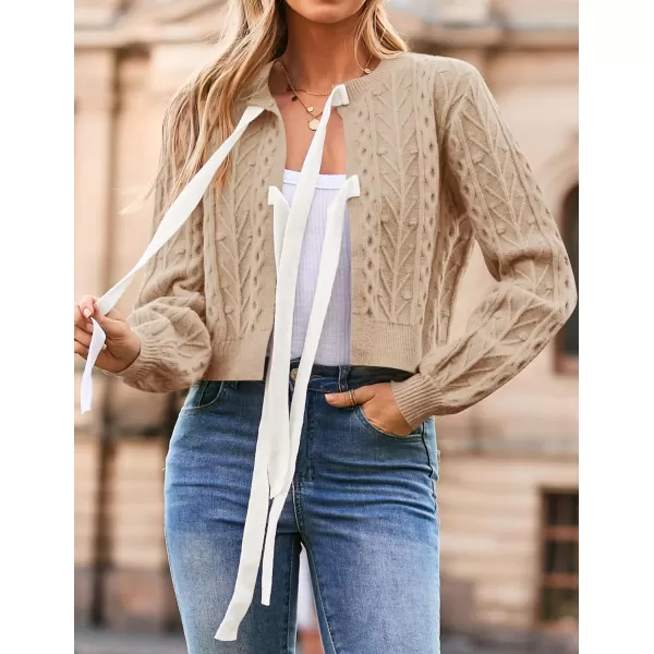 imageZESICA Womens Cardigan Sweaters 2024 Fall Winter Long Sleeve Tie Front Cable Knit Chunky Cropped Outerwear CoatToffee