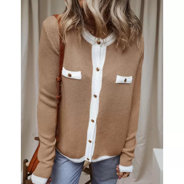 imageZESICA Womens Cardigan Sweaters Button Down Long Sleeve Crew Neck Knit Tops 2024 Fall Trendy OutfitsKhaki