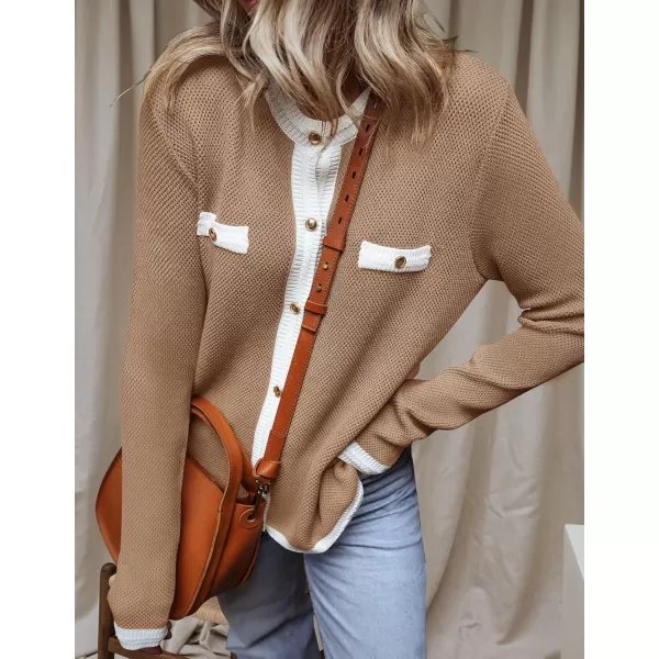 imageZESICA Womens Cardigan Sweaters Button Down Long Sleeve Crew Neck Knit Tops 2024 Fall Trendy OutfitsKhaki