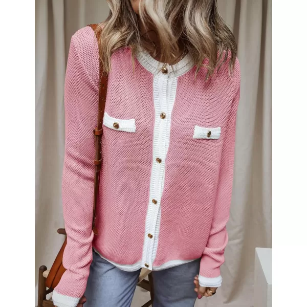 imageZESICA Womens Cardigan Sweaters Button Down Long Sleeve Crew Neck Knit Tops 2024 Fall Trendy OutfitsPink