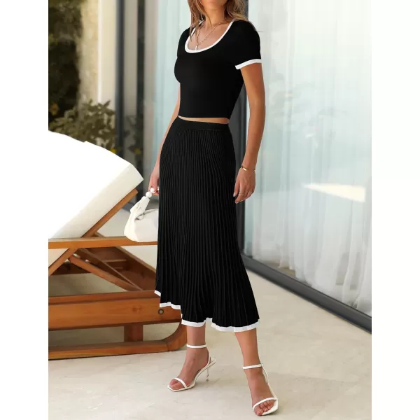 imageZESICA Womens Casual Two Piece Skirt Sets Ribbed Knit Short Sleeve Crop Top and Pleated Skirts Matching Set Summer OutfitsBlack