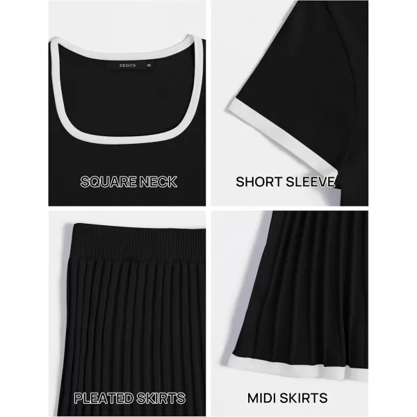 imageZESICA Womens Casual Two Piece Skirt Sets Ribbed Knit Short Sleeve Crop Top and Pleated Skirts Matching Set Summer OutfitsBlack