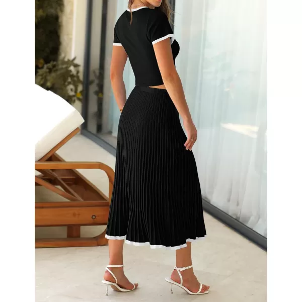 imageZESICA Womens Casual Two Piece Skirt Sets Ribbed Knit Short Sleeve Crop Top and Pleated Skirts Matching Set Summer OutfitsBlack