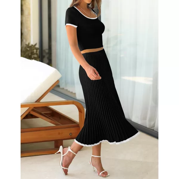 imageZESICA Womens Casual Two Piece Skirt Sets Ribbed Knit Short Sleeve Crop Top and Pleated Skirts Matching Set Summer OutfitsBlack