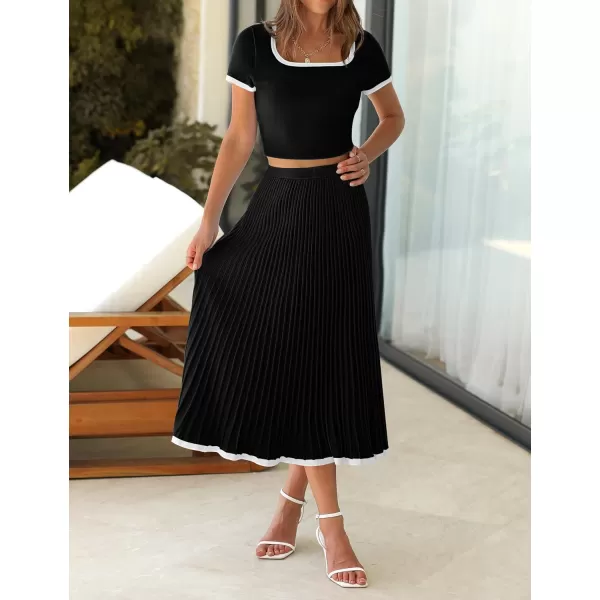 imageZESICA Womens Casual Two Piece Skirt Sets Ribbed Knit Short Sleeve Crop Top and Pleated Skirts Matching Set Summer OutfitsBlack