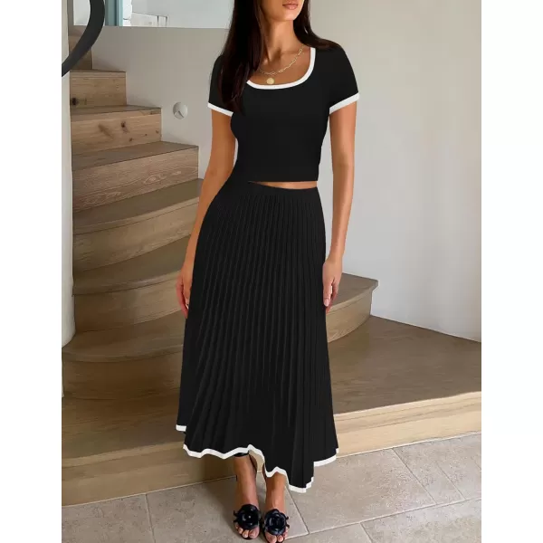 imageZESICA Womens Casual Two Piece Skirt Sets Ribbed Knit Short Sleeve Crop Top and Pleated Skirts Matching Set Summer OutfitsBlack