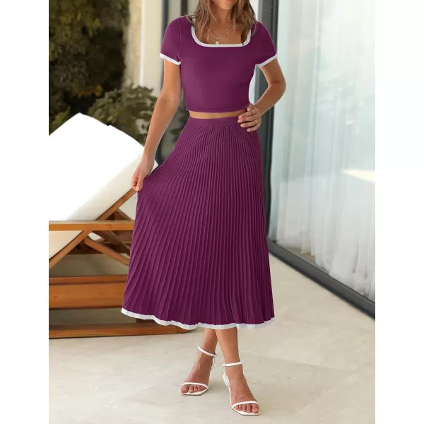 imageZESICA Womens Casual Two Piece Skirt Sets Ribbed Knit Short Sleeve Crop Top and Pleated Skirts Matching Set Summer OutfitsFuchsia