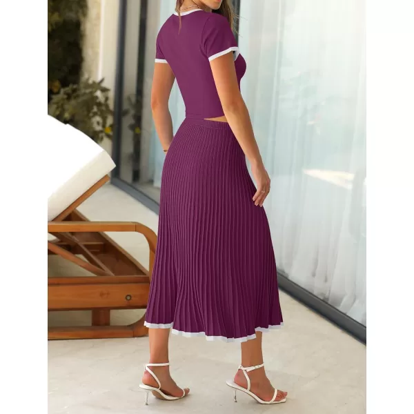 imageZESICA Womens Casual Two Piece Skirt Sets Ribbed Knit Short Sleeve Crop Top and Pleated Skirts Matching Set Summer OutfitsFuchsia