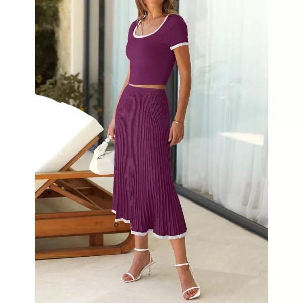 imageZESICA Womens Casual Two Piece Skirt Sets Ribbed Knit Short Sleeve Crop Top and Pleated Skirts Matching Set Summer OutfitsFuchsia