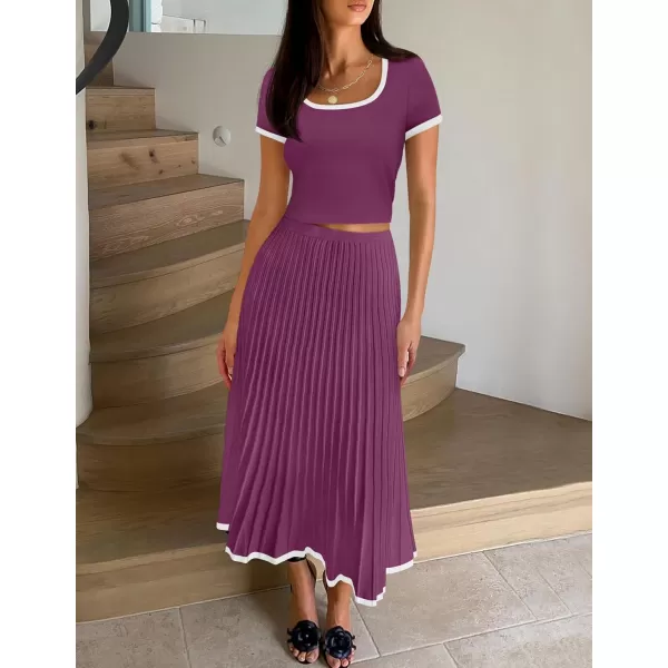 imageZESICA Womens Casual Two Piece Skirt Sets Ribbed Knit Short Sleeve Crop Top and Pleated Skirts Matching Set Summer OutfitsFuchsia