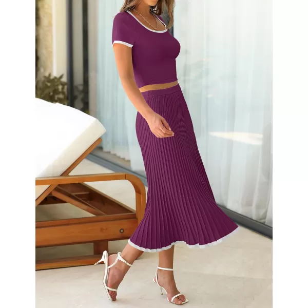 imageZESICA Womens Casual Two Piece Skirt Sets Ribbed Knit Short Sleeve Crop Top and Pleated Skirts Matching Set Summer OutfitsFuchsia