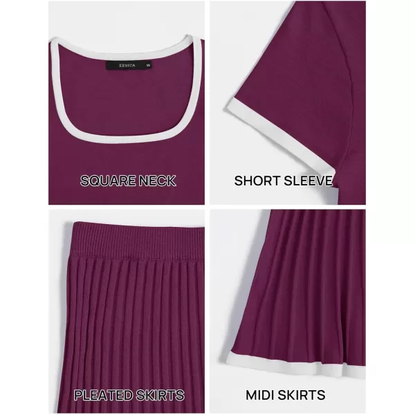 imageZESICA Womens Casual Two Piece Skirt Sets Ribbed Knit Short Sleeve Crop Top and Pleated Skirts Matching Set Summer OutfitsFuchsia